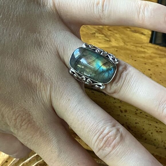 Natural Labradorite Sterling Silver Cocktail Ring Size 6 - Picture 4 of 10